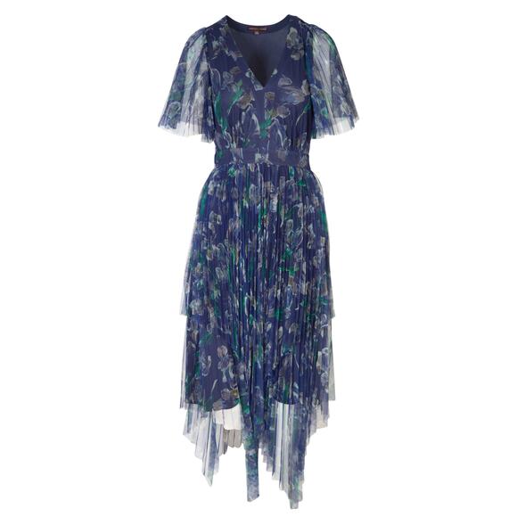 Marchesa Voyage Iris Blue Sheer Pleated Floral Print V-Neck Midi Dress 2 - Picture 1 of 16